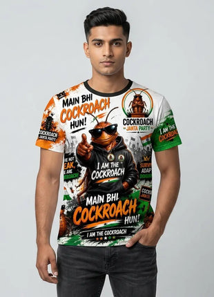 Cockroach Janta Party All-Over Print T-Shirt | Tricolor Splash | Chhota Hoon Par Zinda Sabse Lamba | Protest Tee PoliticalAccessories.in