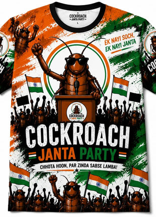 Cockroach Janta Party All-Over Print T-Shirt | Tricolor Splash | Chhota Hoon Par Zinda Sabse Lamba | Protest Tee PoliticalAccessories.in