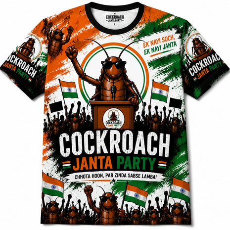 Cockroach Janta Party All-Over Print T-Shirt | Tricolor Splash | Chhota Hoon Par Zinda Sabse Lamba | Protest Tee PoliticalAccessories.in