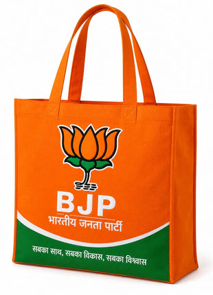BJP Canvas Tote Bag — Orange with Lotus Logo, BJP Text & "Sabka Saath Sabka Vikas Sabka Vishwas" PoliticalAccessories.in