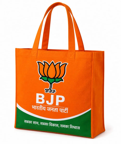 BJP Canvas Tote Bag — Orange with Lotus Logo, BJP Text & "Sabka Saath Sabka Vikas Sabka Vishwas" PoliticalAccessories.in