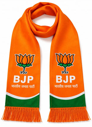 BJP Printed Stole / Muffler — Orange with Lotus Logo, BJP Text & Green Wave Design PoliticalAccessories.in
