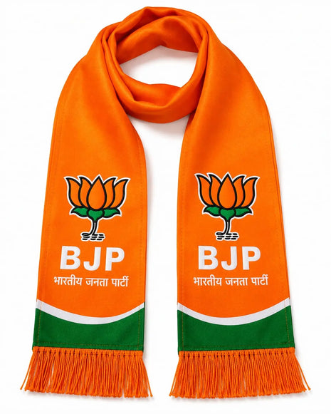 BJP Printed Stole / Muffler — Orange with Lotus Logo, BJP Text & Green Wave Design PoliticalAccessories.in