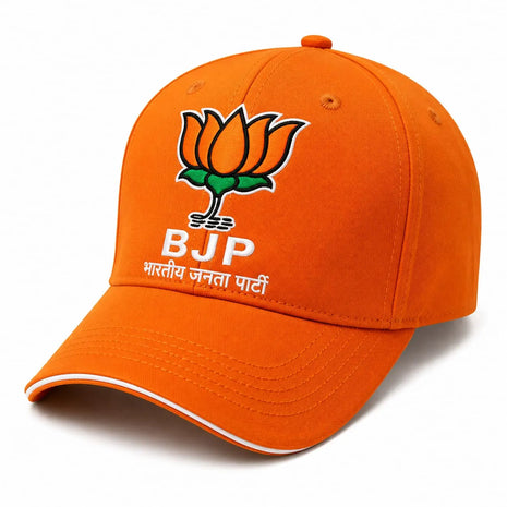 BJP Baseball Cap — Orange with Lotus Logo Embroidery & "BJP भारतीय जनता पार्टी" Text PoliticalAccessories.in