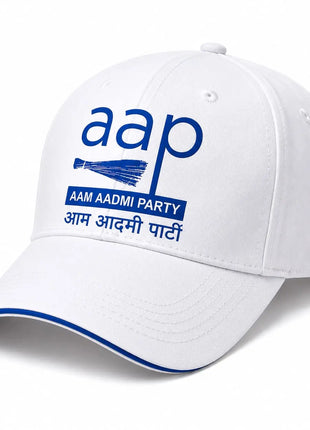 AAP Aam Aadmi Party Baseball Cap — White with Blue Logo & Sandwich Brim PoliticalAccessories.in