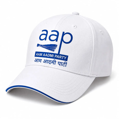 AAP Aam Aadmi Party Baseball Cap — White with Blue Logo & Sandwich Brim PoliticalAccessories.in