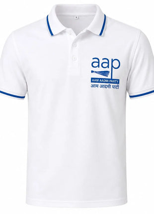AAP Aam Aadmi Party Polo T-Shirt — White with Blue Trim PoliticalAccessories.in
