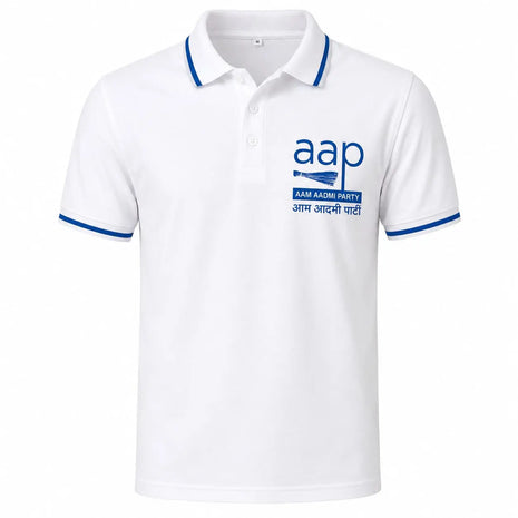 AAP Aam Aadmi Party Polo T-Shirt — White with Blue Trim PoliticalAccessories.in