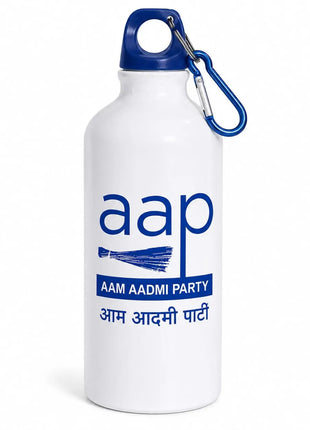 AAP Aam Aadmi Party Printed Aluminium Water Bottle — White with Blue Cap PoliticalAccessories.in