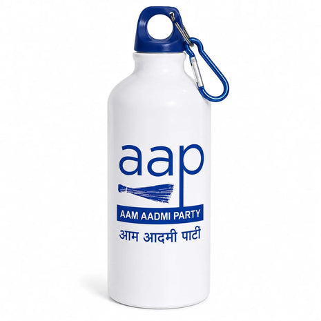 AAP Aam Aadmi Party Printed Aluminium Water Bottle — White with Blue Cap PoliticalAccessories.in
