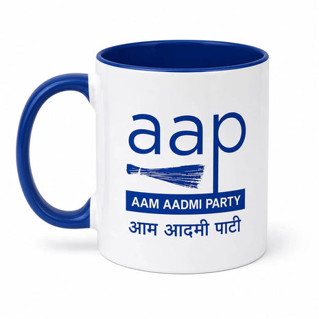 AAP Aam Aadmi Party Ceramic Coffee Mug — White with Blue Handle & Inner PoliticalAccessories.in