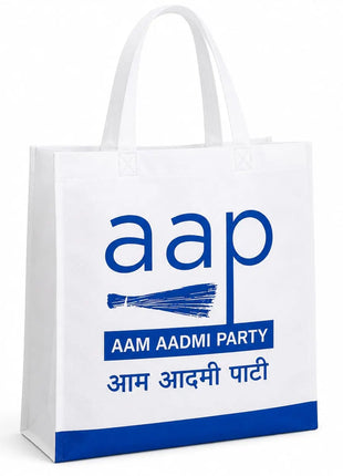 AAP Aam Aadmi Party Non-Woven Carry Bag — White with Blue Base PoliticalAccessories.in