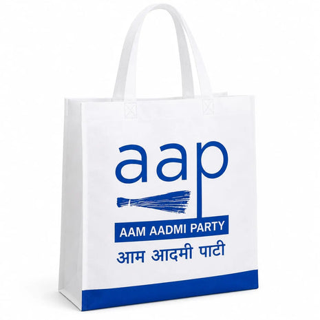 AAP Aam Aadmi Party Non-Woven Carry Bag — White with Blue Base PoliticalAccessories.in
