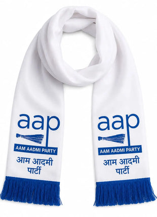 AAP Aam Aadmi Party Printed Stole / Muffler — White with Blue Fringe PoliticalAccessories.in