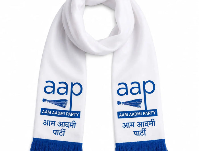 AAP Aam Aadmi Party Printed Stole / Muffler — White with Blue Fringe PoliticalAccessories.in