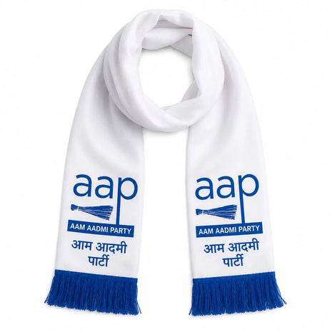 AAP Aam Aadmi Party Printed Stole / Muffler — White with Blue Fringe PoliticalAccessories.in