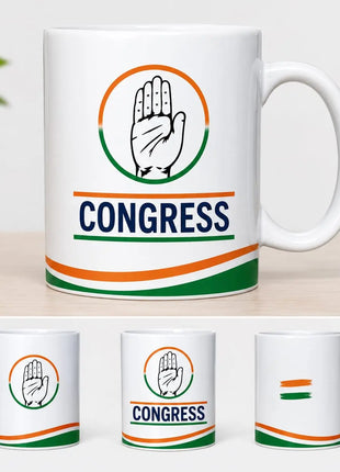 Congress INC Ceramic Coffee Mug — White with Haath Logo, "CONGRESS" Text & Tricolor Wave Design PoliticalAccessories.in