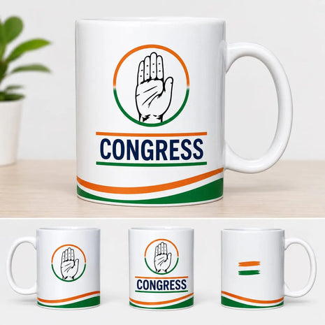 Congress INC Ceramic Coffee Mug — White with Haath Logo, "CONGRESS" Text & Tricolor Wave Design PoliticalAccessories.in