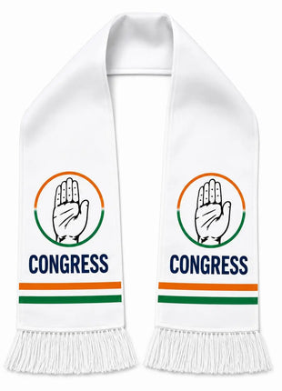 Congress INC Printed Stole / Muffler — White with Tricolor Stripes & Hand Logo PoliticalAccessories.in