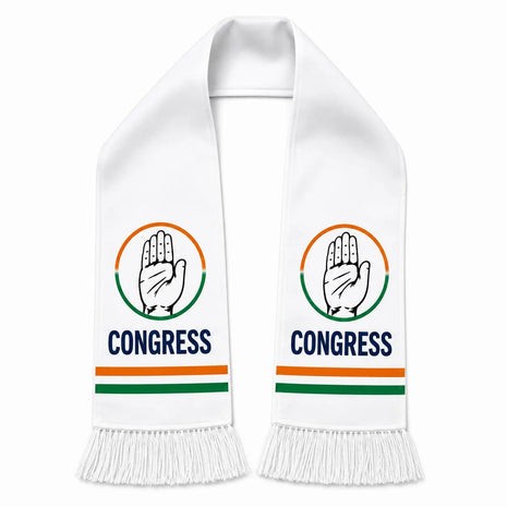 Congress INC Printed Stole / Muffler — White with Tricolor Stripes & Hand Logo PoliticalAccessories.in