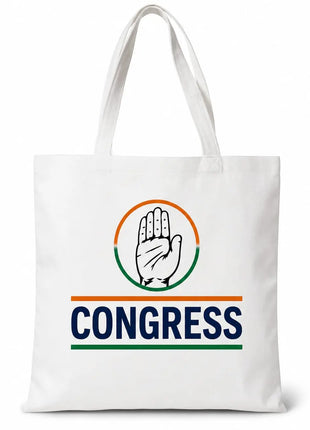 Congress INC Canvas Tote Bag — White with Haath Circle Logo & "CONGRESS" Print PoliticalAccessories.in