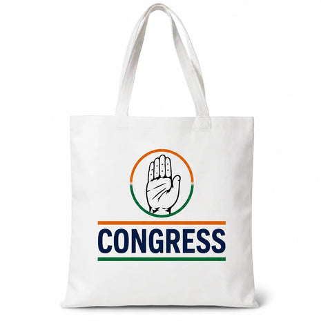 Congress INC Canvas Tote Bag — White with Haath Circle Logo & "CONGRESS" Print PoliticalAccessories.in