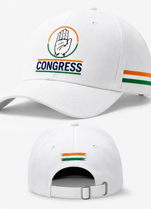 Congress INC Baseball Cap — White with Haath Logo, Tricolor Stripes & Metal Buckle PoliticalAccessories.in