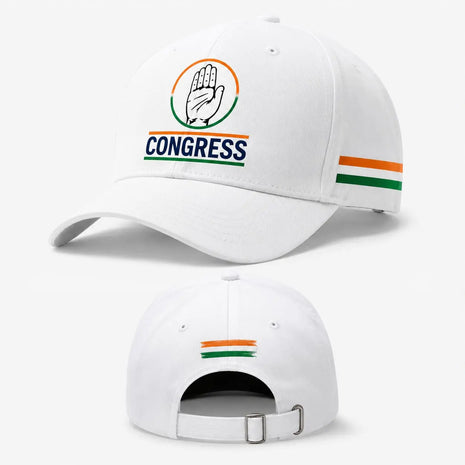 Congress INC Baseball Cap — White with Haath Logo, Tricolor Stripes & Metal Buckle PoliticalAccessories.in