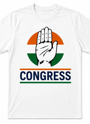 Congress INC Classic T-Shirt — Large Haath Circle Logo & "CONGRESS" Text Print | White PoliticalAccessories.in