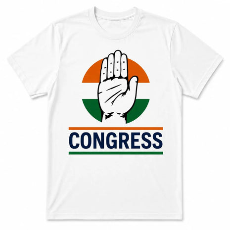 Congress INC Classic T-Shirt — Large Haath Circle Logo & "CONGRESS" Text Print | White PoliticalAccessories.in