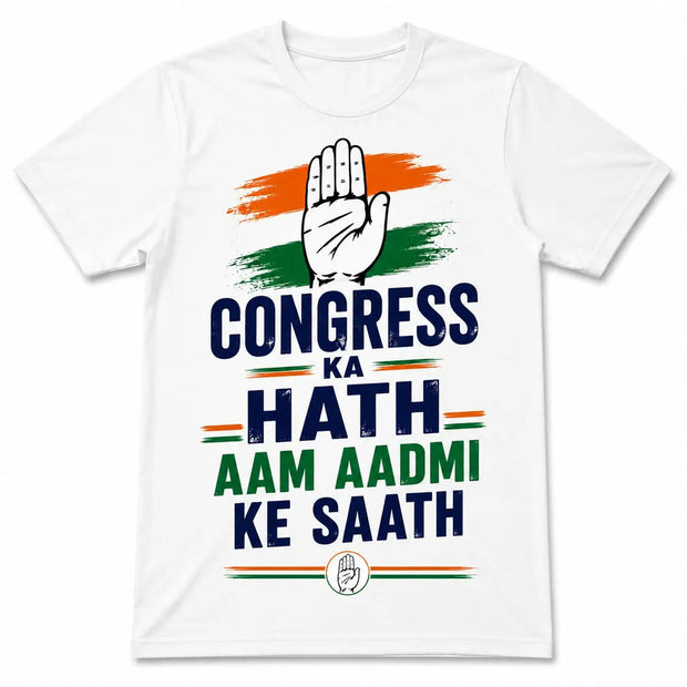 Congress T-Shirt — "Congress Ka Hath Aam Aadmi Ke Saath" Slogan Print | White PoliticalAccessories.in
