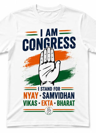 Congress T-Shirt — "I Am Congress | Nyay Samvidhan Vikas Ekta Bharat" Print | White PoliticalAccessories.in