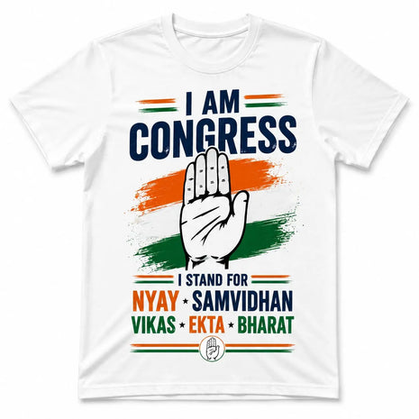 Congress T-Shirt — "I Am Congress | Nyay Samvidhan Vikas Ekta Bharat" Print | White PoliticalAccessories.in